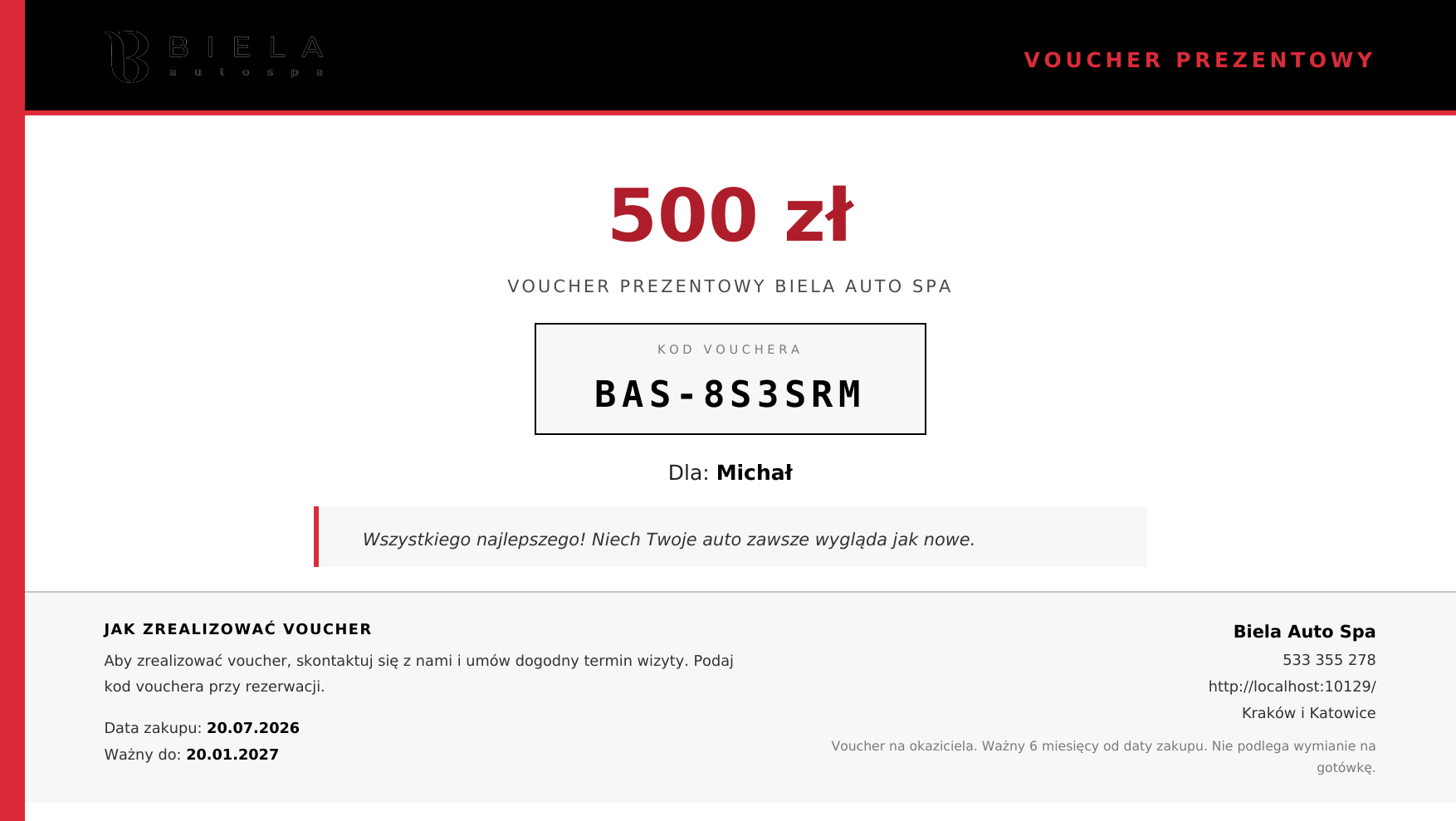 Voucher prezentowy Biela Auto Spa na usługi detailingowe